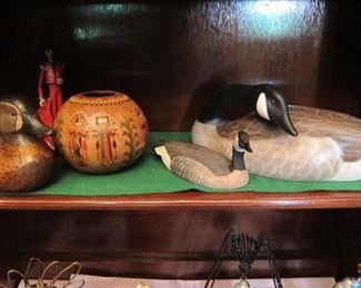 NICE CARVED DUCKS AND GEESE BY E. STOUGH AND A NAVAJO PITCH POT