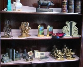 MANY SETS OF BRASS NAD OTHER BOOKENDS, JADE OBELISK.