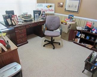 Home office items: executive desk with glass protected top, typewriter stand, two drawer file cabinet, more