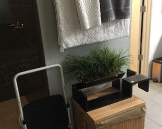Bamboo hamper, wall shelves, step stool
