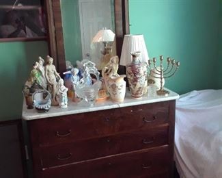 Marble top chest; mirror; vases, figurines, and more