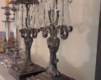 Pair of heavy silverplated candelabra with prisms.