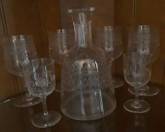 Needle etched crystal carafe and matching water goblets