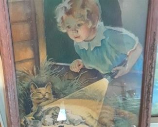 Lithograph of little girldiscovering mommy cat with kittens