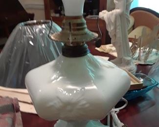 Milk glass lamp, Victorian, electrified