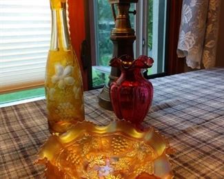 Brass lamp, art glass