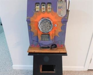 Vintage "collectors item" - Mills Novelty Company - 5 cent - Antique Bursting Cherry - one arm bandit - slot machine with display pedestal.