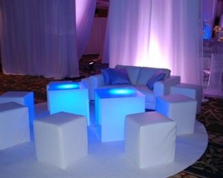 Many shapes and sizes of illuminated acrylic tables, sleek seating cubes and white, leather furniture. Custom-cut carpets.  White fabric sheers with pipe and hardware. 