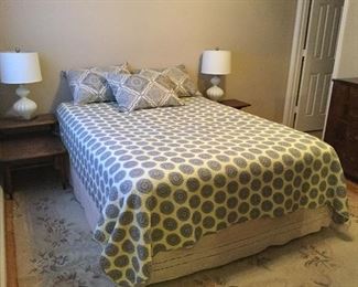Queen Bed Frame: Mattress & Box Spring, Reversible Quilt Top, Pillows, Matching Lamps, Room Sized Hook Rug