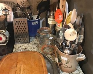 Many Kitchen Utensils, Wood Meat Platter, Knives, Kitchen Scale, Grater...