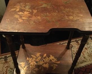 Antique Chinoiserie 2 Tiered - 2 Shelves Hand Painted with Birds, Flowers, Leaves in gold - Side Table with wonderful Bamboo Legs.  20 1/2” Long by 14” Wide