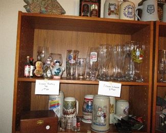 Jim Beam decanters, pilsner glasses and German mugs
