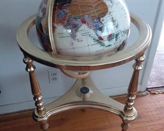 Tall Semi Precious Gemstone World Globe with Compass on Brass Stand