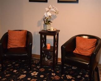 Leather Club Chairs, Pillows, Accent Table, Home Decor, Area Rug