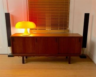 Drylund midcentury MCM teak & rosewood credenza sideboard, Bang and Olufsen B&O BeoLab 8000 Active Loudspeakers, 2" wood blinds (x4), authentic Artemide Nesso lamp (Italy)