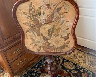 Antique Fireplace Screen Floral Scene Needlepoint Mahogany Wood 41.5"
