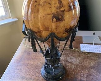 Maitland Smith Penshell Crackle Balloon lamp, Verdigris Bronze, Patina Mounts green marble base, Dim 14 x 14 X 27