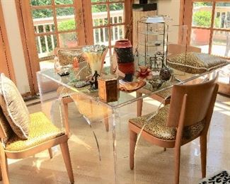 Lucite table with Mid-Century Haywood Wakefield chairs (6)