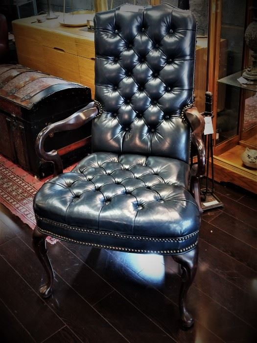 Blue Tufted Leather Arm Chair