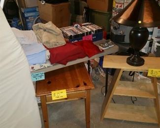End tables, lamp, nice queen size sheet sets, DVD's