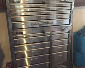 WOW!  This stainless steel Craftsman Tool Cabinet is gorgeous!  Ball bearing roll out drawers, padded drawer linings, oversized casters, and all the keys to lock top and bottom sections!