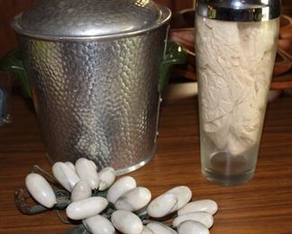 Marble grapes, glass shaker and Hammered aluminum ice bucket