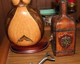 Leather wrapped decanters, dolphin can/bottle opener