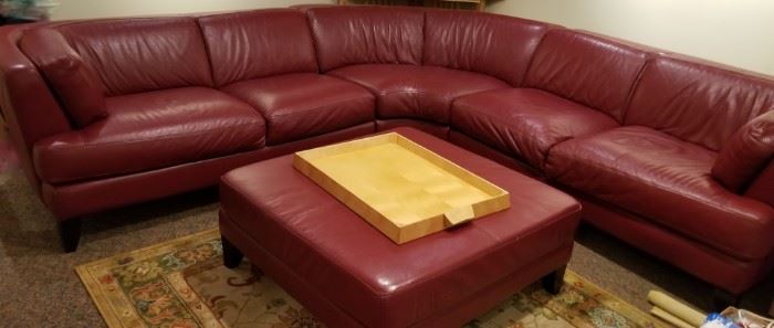 Ox Blood Red Leather Sectional and Ottoman
