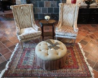 Pair of custom Caracole chairs, never used, gorgeous oriental rug and ottoman