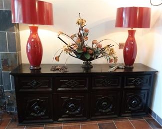 Spanish style custom buffet/credenza, pair of custom red lamps