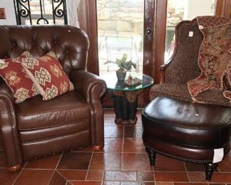 Brown recliner - SOLD, leopard print arm chair and new Hamilton Stetson leather ottoman