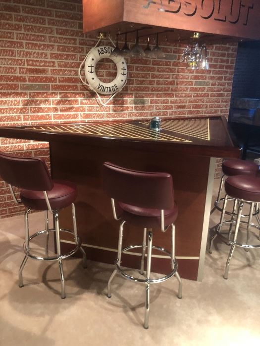 Amazing Mahogany custom-made bar with stools and overhead section