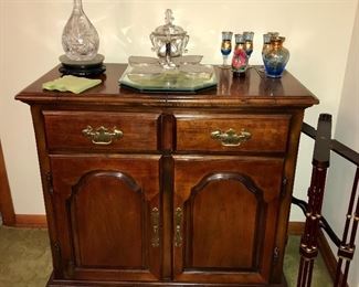 Fabulous vintage solid cherry dining group--drop leaf table with 6 chairs, corner china cabinet and server. All pieces are in excellent condition.
