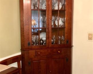 Fabulous vintage solid cherry dining group--drop leaf table with 6 chairs, corner china cabinet and server. All pieces are in excellent condition.