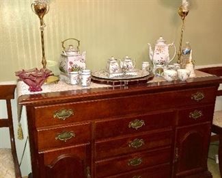 Fabulous vintage solid cherry dining group--drop leaf table with 6 chairs, corner china cabinet and server. All pieces are in excellent condition.