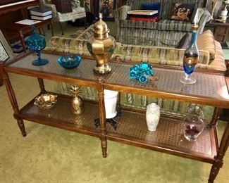 Vintage sofa table, assorted vintage decor.