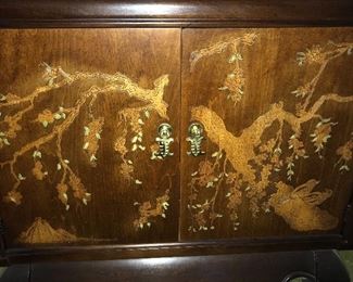 Lovely Asian-themed credenza with hand painted embellishment, lamp and Jasper ware by Wedgwood.