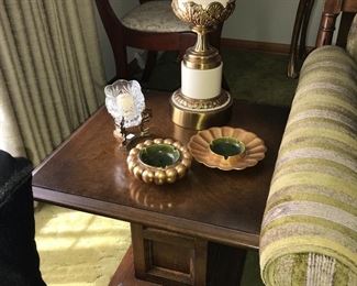Two vintage end tables, table top decor and Stiffel lamps.