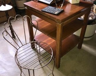 Vintage wire vanity chair, cherry table.