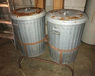 Vintage trash cans with holder.