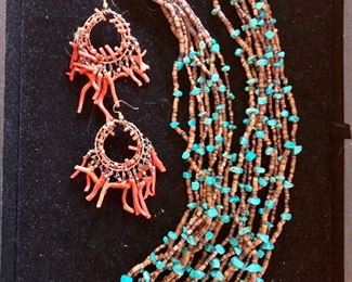 Turquoise multi strand necklace , coral earrings