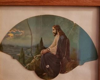 Excellent selection of religious-themed items, including this antique framed fan