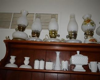 Hobnail Milk Glass Pieces & Hurricane Lamps