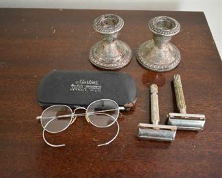 WEIGHTED STERLING CANDLE HOLDERS, RAZORS, EYEGLASSES