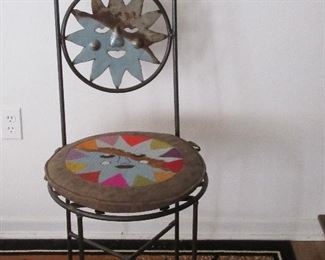 Rustic Mexican metal art chair with custom made needlepoint cushion