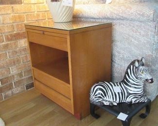 Nightstand is vintage mid-century modern walnut by "Sligh".  Upper pull-out shelf, upper drawer, cubbyhole, and large lower drawer.