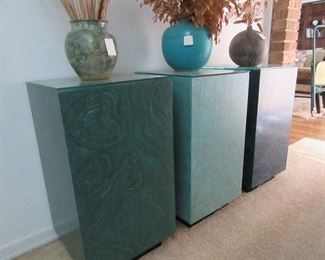 Set of 3 custom faux finish pedestals.  Pottery with dried arrangements.