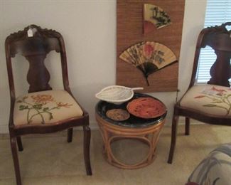 Pair of rosewood (?) antique chairs with custom hand-needelpointed seats.   Scroll with Japanese fans.