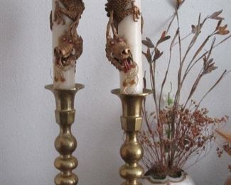 Brass candlesticks w/ dragon candles (Singapore or Philippines)