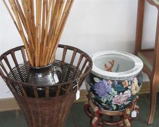 Basket, vase, bamboo.  Japanese fish bowl on wood stand.